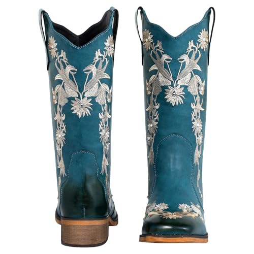 Women's Floral Rhinestones Square Toe Cowboy Boots Western Country Wedding Cowgirl Boots Wide Calf