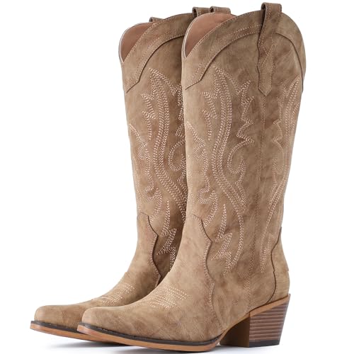 Cowboy Boots For Women Western Cowgirl Boots with Chunky Heel Mid Calf Snip Toe Ideal for low insteps