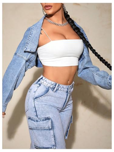 Women's Y2k Open Front Cropped Denim Jean Long Sleeve Street Jacket Coat