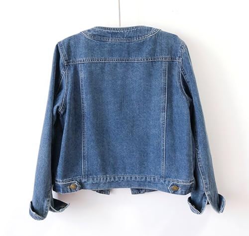 Women’s Collarless Long Sleeve Denim Jacket Round Neck Button Down Jean Jackets
