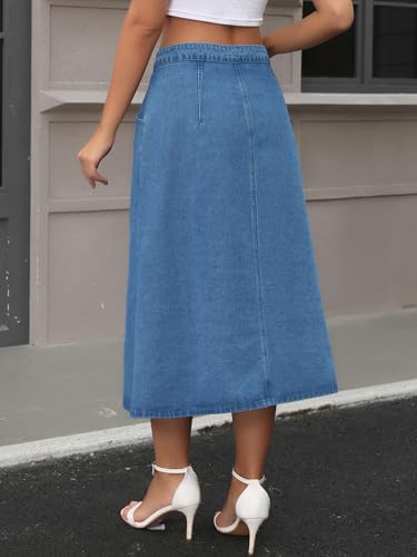 Women's Denim Skirt Button Down Front Slit High Waisted Pockets A Line Midi Jean Skirts