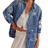 Women's Vintage Oversized Denim Jacket Embroidered Graphic Casual Loose Fit Button Down Jean Jacket