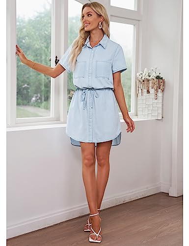41IXiRs0QL.jpg Women Casual Denim Dress Short Sleeve Tie Waist Classic Jean Shirt Dress