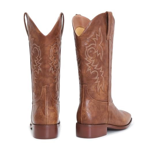 Cowgirl Boots Square Toe Cowboy Boots For Women Ladies Mid Calf Low Heel Flat