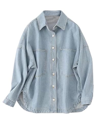 41Ilt5F8ifL.jpg Womens Denim Shirt Long Sleeve Oversized Boyfriend Jean Jacket Shacket Trendy Button Down Shirt