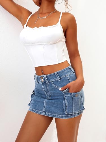 High Stretchy Cargo Skirt for Women, Low Waist Y2k Mini Skirt Cute Denim Skirt with Pockets