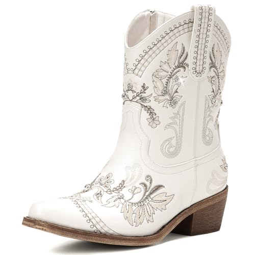 Cowboy Boots for Women - Western Embroidered Cowgirl Boots with Sparkly Rhinestone, Pointed Toe Chunky Heel Side Zipper Vintage