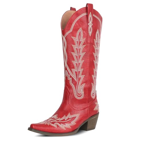 Cowboy Boots for Women Cowgirl Boots Knee High Western Boots w/Classic Embroidered Pointed Toe Slip-On Chunky Heel Pull On Retro