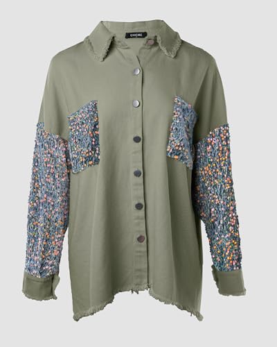 Womens Denim Jacket 2025 Sequin Patchwork Long Sleeve Jackets Top Button Front Oversized Denim Shacket