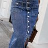 Straight High Rise Vintage Embroidered Botton Fly Split Thigh Midi Denim Skirt