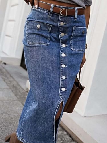 Straight High Rise Vintage Embroidered Botton Fly Split Thigh Midi Denim Skirt