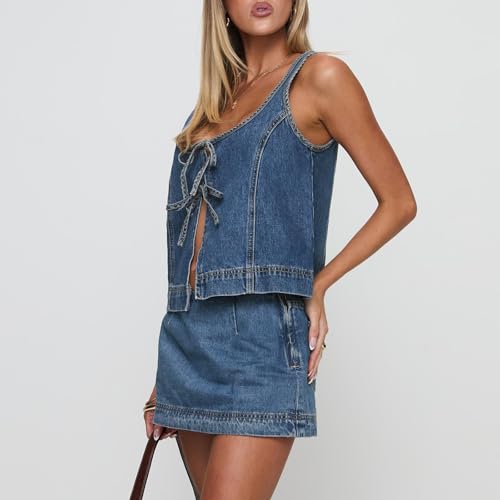 Women’s Tie Front Denim Jean Vest Top and Mini Skirt 2-Piece Set Summer Trendy Going Out Outfits Clothes 2025
