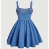 Women's Casual Square Neck Denim Dress Ruffle Hem A Line Mini Dress