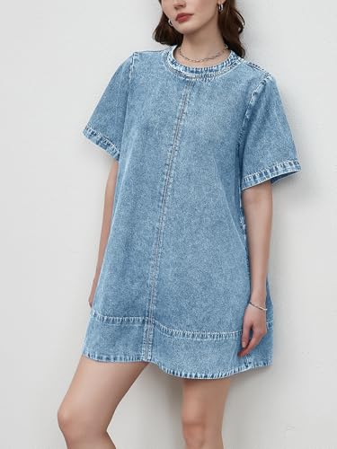 Denim Dress for Women Summer Casual Short Sleeve Chambray Mini Jean Dresses with Pockets