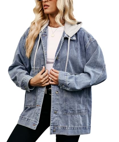 Women's Oversized Denim Jacket Casual Long Sleeve Vintage Jean Jacket Top Coat with Detachable Hood