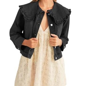 Takaneo Womens Denim Jacket Peter Pan Collar Cute Cropped Long Sleeve Shirts Jean Coat with Pockets