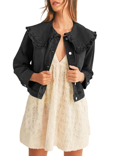 Takaneo Womens Denim Jacket Peter Pan Collar Cute Cropped Long Sleeve Shirts Jean Coat with Pockets