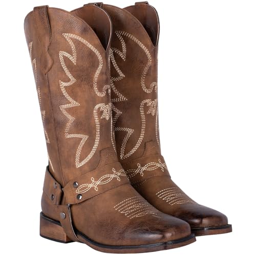 41O5mQcp8ZL.jpg Women's Buckle Strap Wide Calf Cowboy Boots Square Toe Western Cowgirl Boots