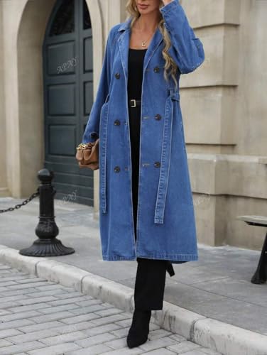 Womens Long Denim Jacket Plus Size Lapel Collar Long Sleeve Trench Coat Button Down Over Knee Tunic Outerwear