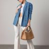 Womens Long Denim Jacket Button Up Blazer Oversized Notched Lapel Casual Jean Shacket Coat