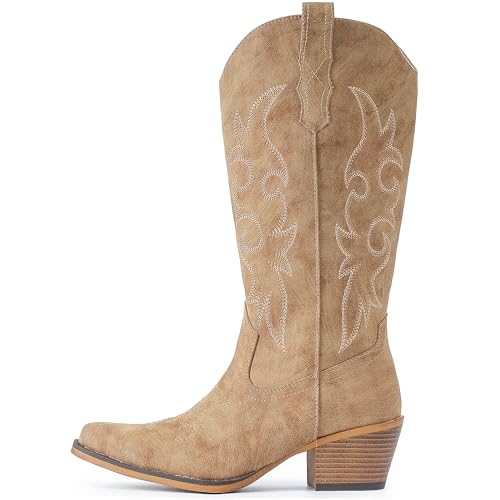 Cowboy Boots For Women Western Cowgirl Boots Mid Calf Snip Toe Boot With Chunky Heel