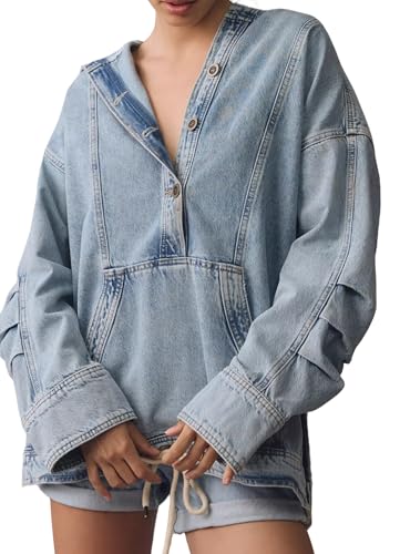 Women's Button Up Sweatshirt Denim Hoodie Oversized Pullover Jacket Jean Tops Casual Boyfriend Jackets