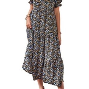Summer Dresses for Women 2025 Casual Floral Boho Midi Sun Dress Puff Short Sleeve Flowy Beach Vacation Sundress