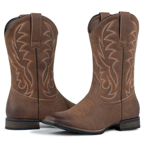 Cowboy Boots for Men Western Boots Wide Square Toe Men's Cowboy Boots Classic Embroidered with Pull On Slip Resistant Boots