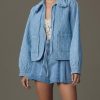 Womens Denim Jacket Casual Long Sleeve Peter Pan Collar Denim Shirts Tie Front Shacket Loose Fit Top