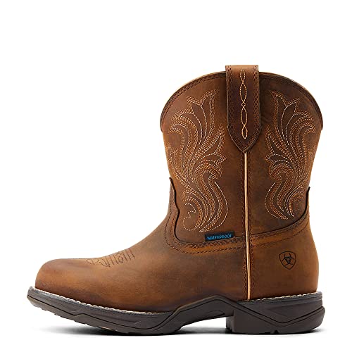 Womens Anthem Shortie H20 Embroidery Round Toe Pull On Casual Boots Mid Calf Low Heel 1-2" - Brown