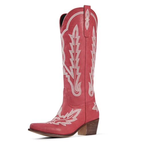 Cowboy Boots for Women Knee High Cowgirl Boots with Classic Embroidered Slip On Pointed Toe Chunky Heel Pull On Fashion Retro