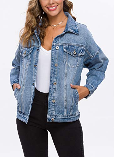 Women's Oversize Vintage Washed Boyfriend Denim Jacket Long Sleeve Classic Loose Jean Trucker Jacket 003