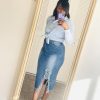 Women's Casual Slit Denim Midi Jean Skirt Stretch High Waisted Button Up Frayed with Pockets