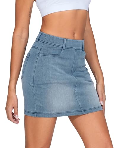 Women's High Waisted Mini Denim Skirts with Pockets Stretch Skinny Jean Bodycon Skirts
