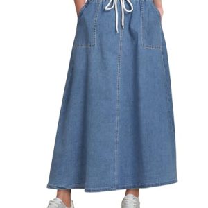 Denim Skirts for Women Trendy A Line Long Maxi Pull On Elastic Waist Drawstring Stretchy Jean Skirt with Pockets