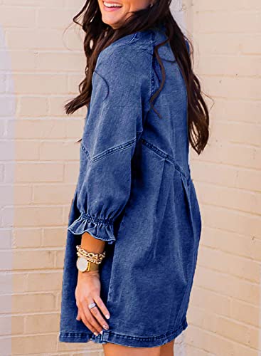 Womens Smocked 3 4 Sleeve Button Down Denim Jeans Dresses