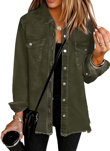 Womens Oversized Button Down Frayed Hem Denim Shacket Casual Long Sleeve Jean Jackets 2025 Spring Outfits