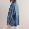 Women's Vintage Oversized Denim Jacket Embroidered Graphic Casual Loose Fit Button Down Jean Jacket