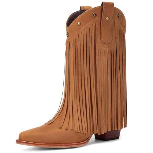 Fringe Cowboy Boots for Women – Mid Calf Cowgirl Boots with Star Studded, Pointed Toe and Chunky Heel, Perfect for Country Music