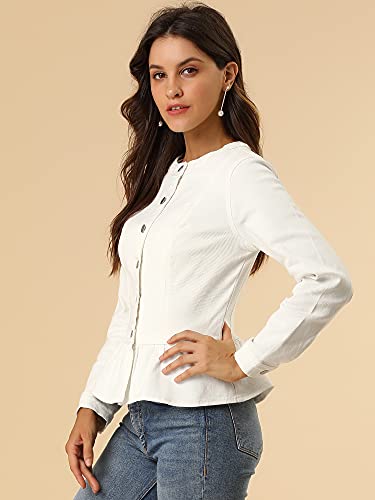 Women's Peplum Denim Jackets Collarless Round Neck Button Down Cropped Ruffle Hem Jacket