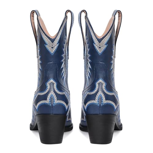 Western Boots for Women Metallic Embroidered Pointed Toe Cowgirl Boots Chunky Heel Pull-On Short Cowboy Boots Wide Calf Country