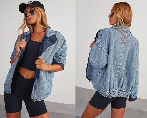 Women's Oversized Long Sleeve Denim Jacket Casual Loose Fit Zip Up Jean Quilted Jackets Coat with Pockets