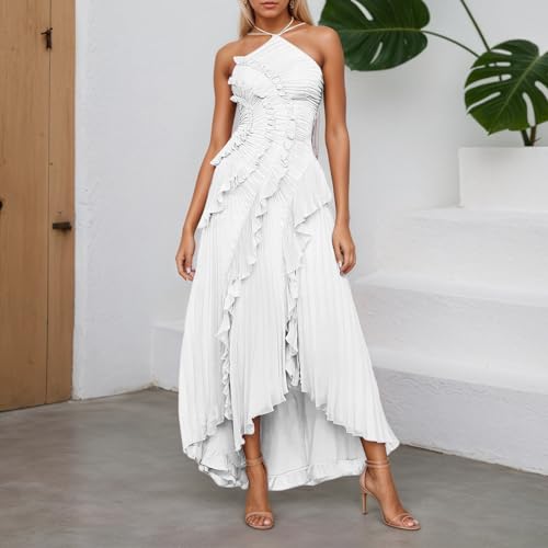 Chiffon Tiered Dresses for Women Formal Halter Sleeveless Flowy Maxi Dress Summer Sexy Irregular Hem Solid Sundresses