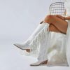 Cowgirl Fringe Boots For Women White Tassels Cowboy Boots Knee High Pointed Toe Western Boots