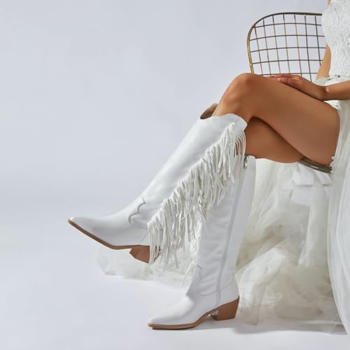 Cowgirl Fringe Boots For Women White Tassels Cowboy Boots Knee High Pointed Toe Western Boots