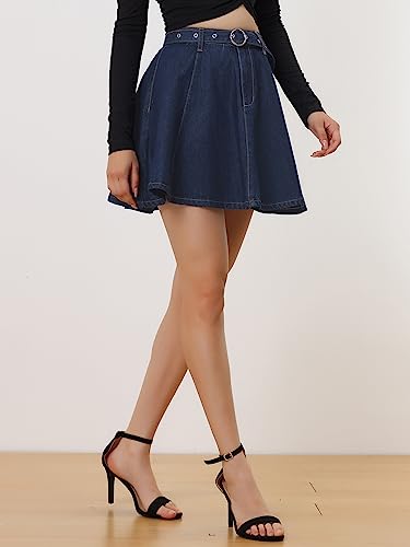 Women's Casual Denim Skirt High Waist A-Line Flared Mini Jean Skirts with Belt