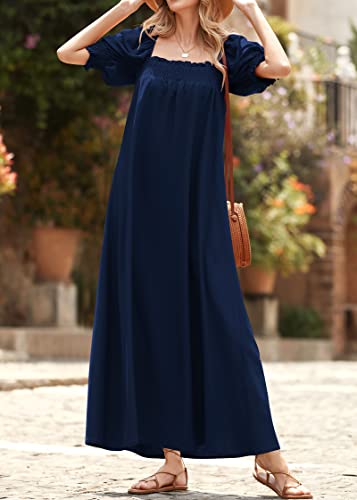 41UCu-kmR7L.jpg Women 2025 Summer Maxi Dress Casual Loose Puff Sleeve Square Neck Maternity Flowy Long Beach Dresses with Pockets
