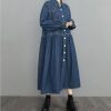 Womens Fall Winter A-Line Long Denim Trench Coat Loose Casual Button Down Maxi Jean Shirt Dress