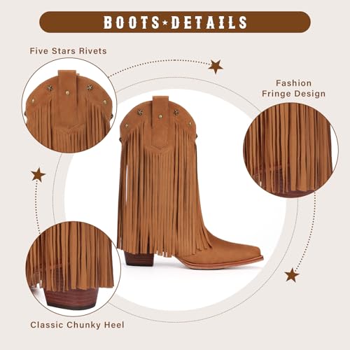 Fringe Cowboy Boots for Women – Mid Calf Cowgirl Boots with Star Studded, Pointed Toe and Chunky Heel, Perfect for Country Music