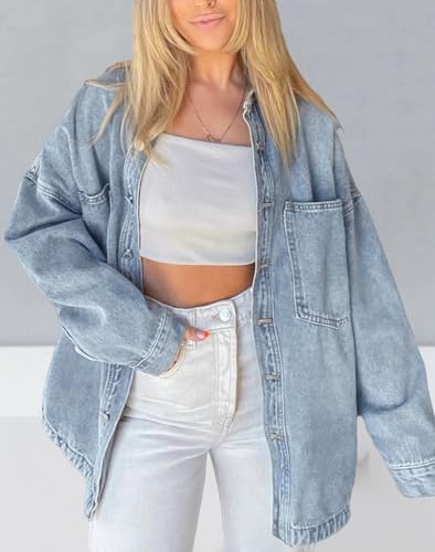 41UlHcQH4GL.jpg Womens Denim Shirt Long Sleeve Oversized Boyfriend Jean Jacket Shacket Trendy Button Down Shirt